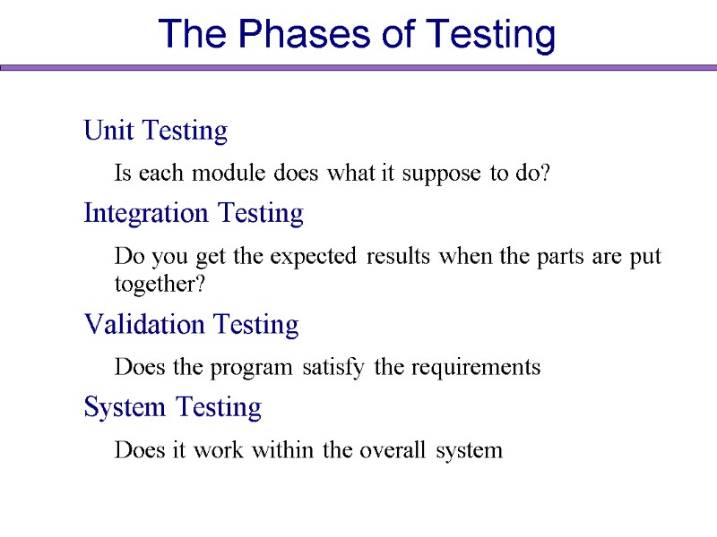 The Phases of Testing Unit Testing Is each module does what it suppose to